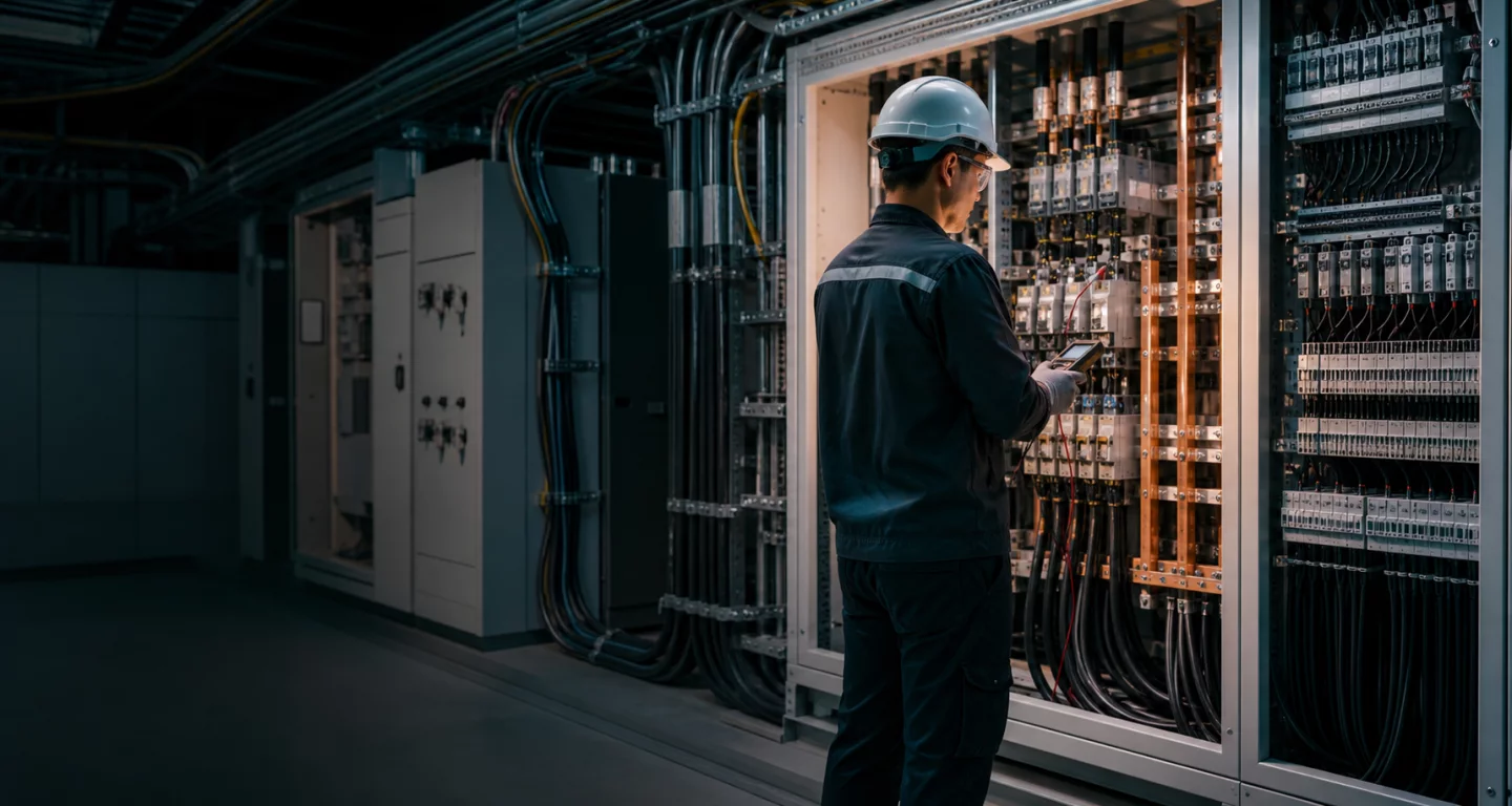 Elektrik panosunda ölçüm yapan saha mühendisi